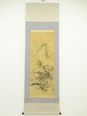 木村立峰筆　水墨山水　肉筆絹本掛軸（保護箱）